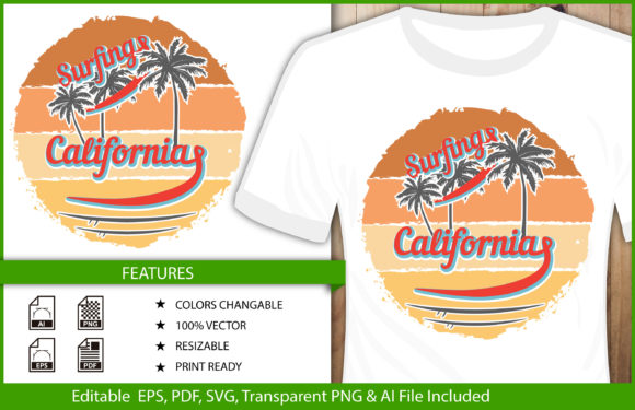 Surfing California Beach Vector T-shirt Graphics