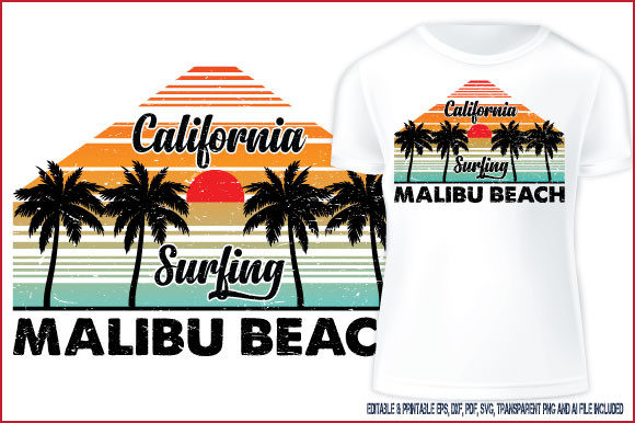 Surfing T-shirt Design California Malibu